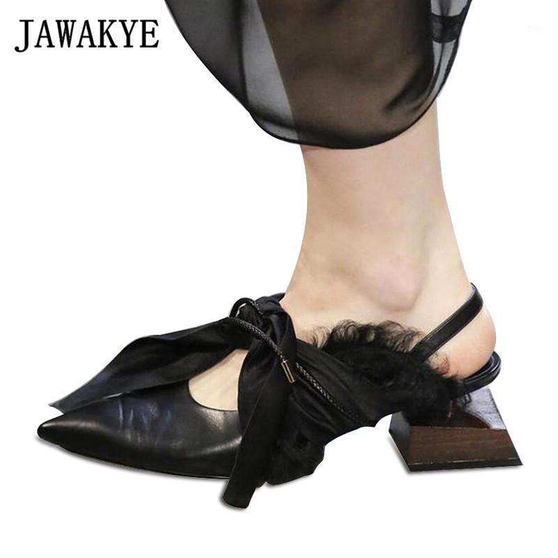 

JAWAKYE Shaped wood square heel Party shoes Woman Genuine leather Silk Bow tied Point toe Runway Shoes ladies special Slingbacks1, Black and white wool