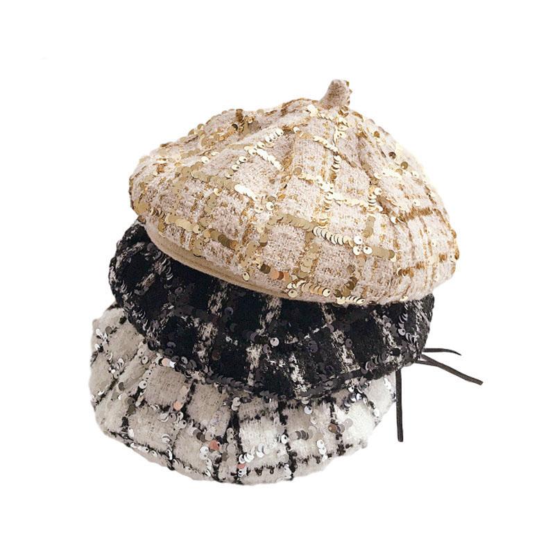 

Spring Winter Fashion Mother Baby Hat for Solid Color Plaid Sequin Princess Girls Cap Children Kids Beret Hat Kids Caps 1 PC, Black