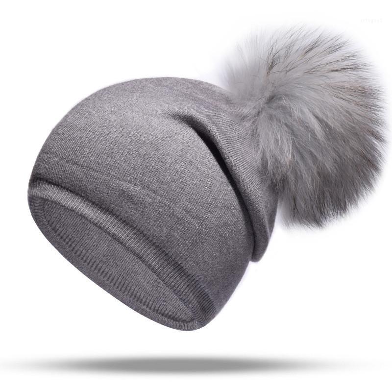 

Beanie/Skull Caps Winter Women's Cashmere Beanie Hat Fashion Real Pompon Beanies Fur Female Warm With Natural Genuine Raccoon Cap1, White
