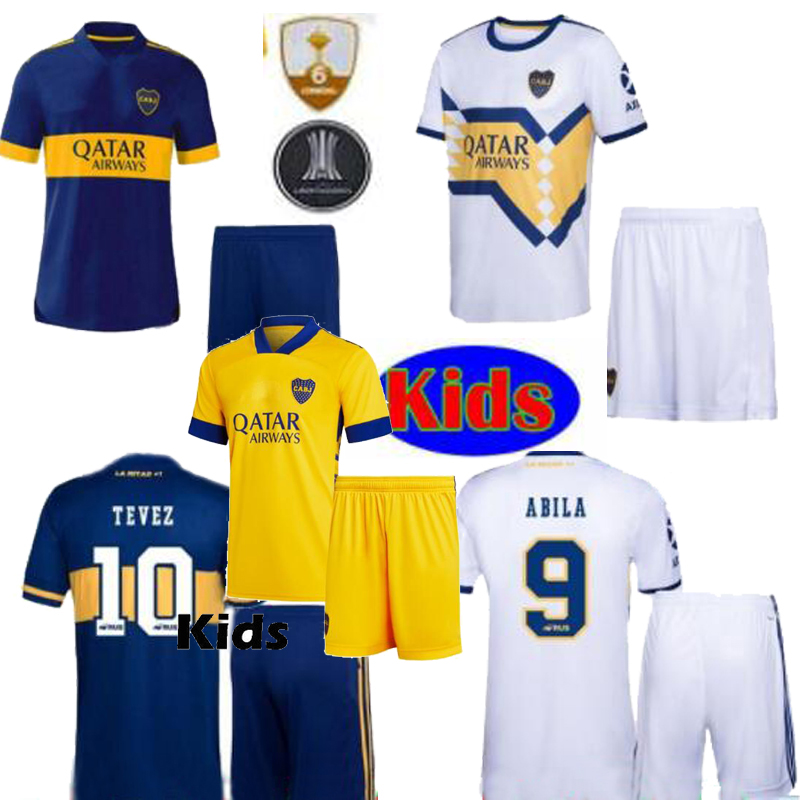 

20 21 Boca Juniors ABILA DE ROSSI Home Blue White yellow Kids kit soccer Jersey TEVEZ youth children camisa de futebol football shirts 2021