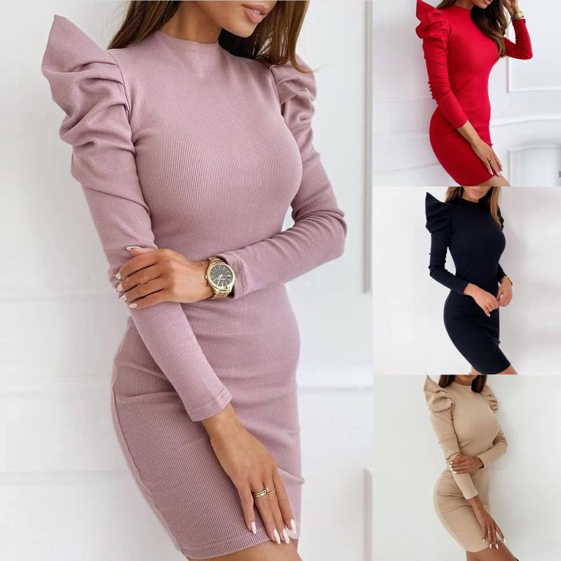 

Fashion Women Sexy Solid Puff Sleeve Long Sleeves Half high Collar Tight Dress Mini Retro Elegant Party Dress Female, Black