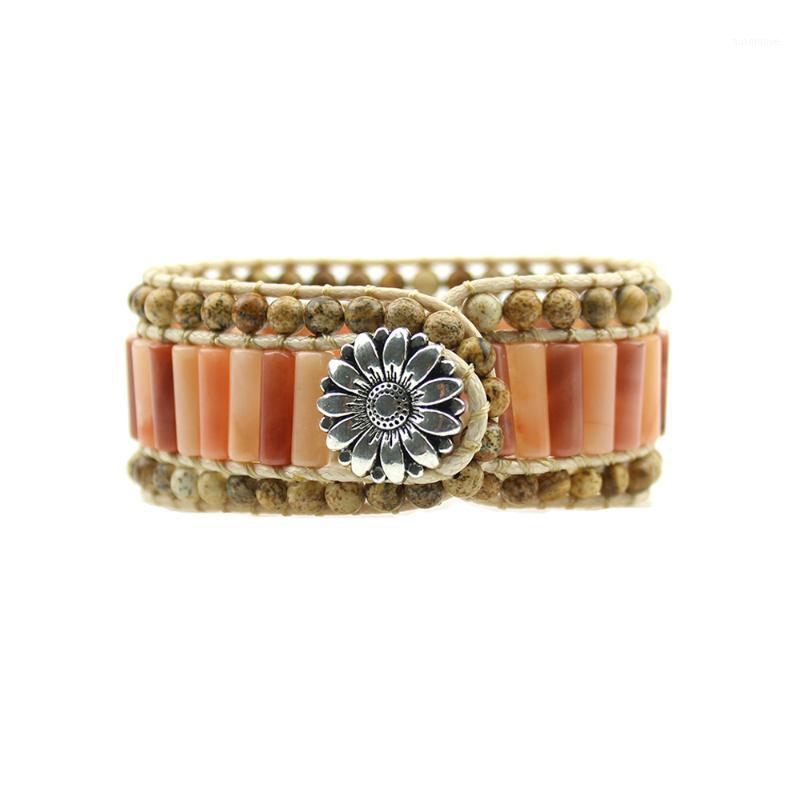 

New Coming Handmade Sunflower Natural Stone Bead Wrap Statement Bracelet Jewelry for Women1