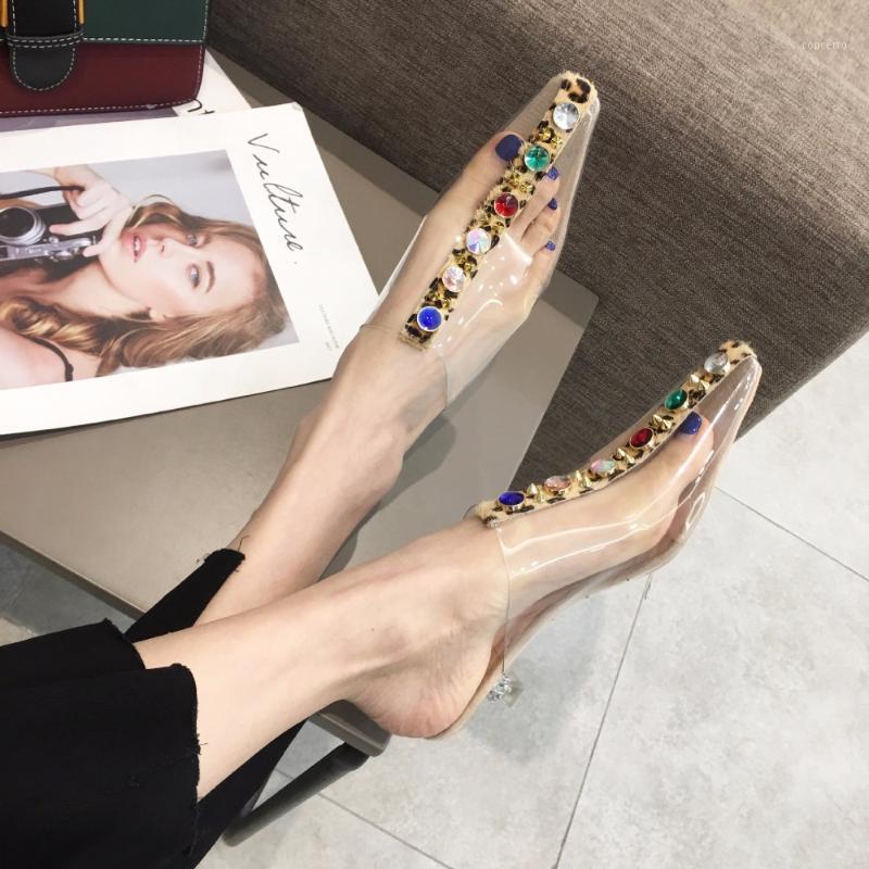 

leopard horsehair transparent slippers women pointed toe big rhinestone studded sandals perspex heels muller flipflops women 2641, Gold
