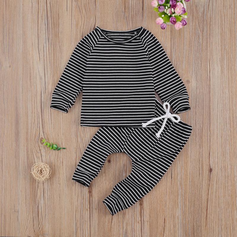

2Pcs Newborn Baby Clothes Autumn Long Sleeve Round Collar Striped Shirt Tops Long Pants Outfits Homewear Sleepwear Suit Boy Girl, Black