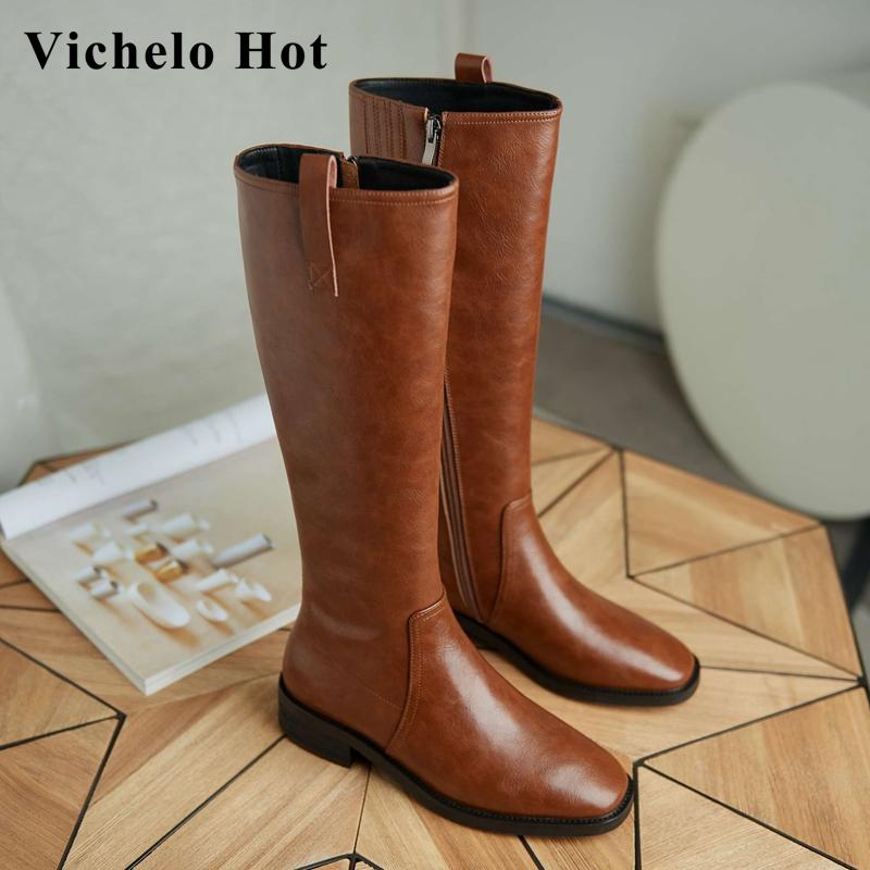 

Vichelo Hot limited customization split leather high quality square toe thick med heel zipper solid maiden knee-high boots L83, Black