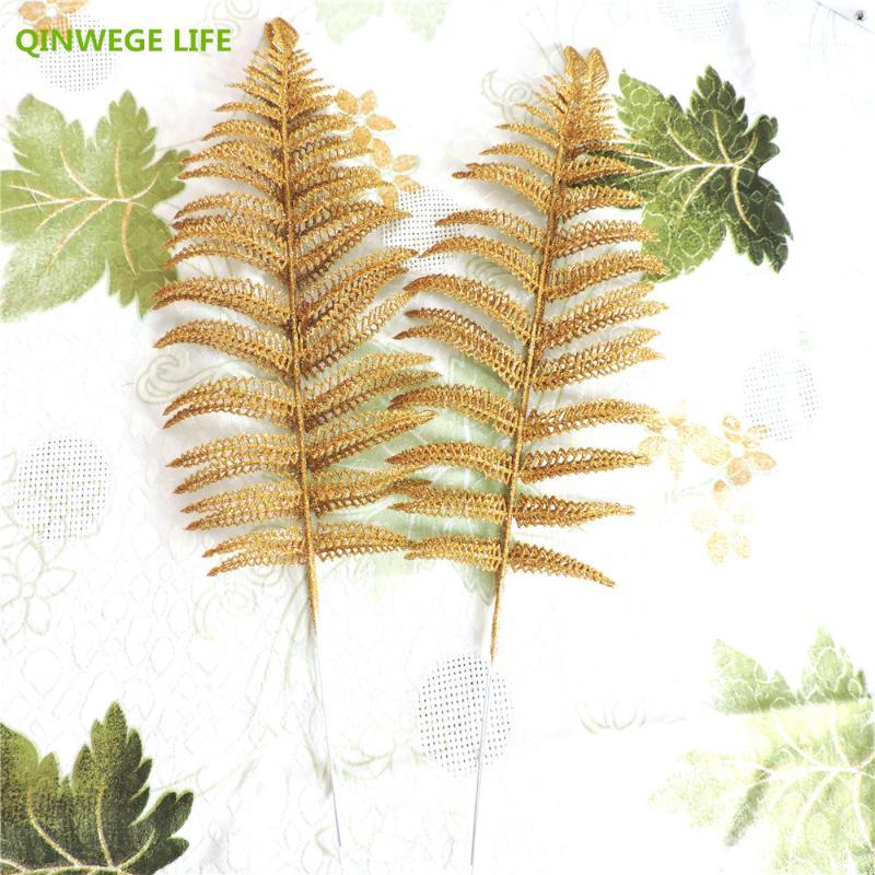 

5pcs 42cm Glitter Artificial Plant Fern Leaf Branch Christams Wedding Flower Home Decoration1, Gold