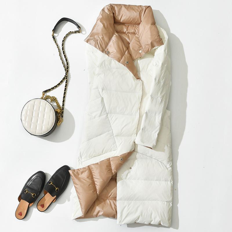 

fashion ladies double-breasted white duck down jacket women' spring autumn long thin double-sided stand collar slim down coat, Dark green--gold