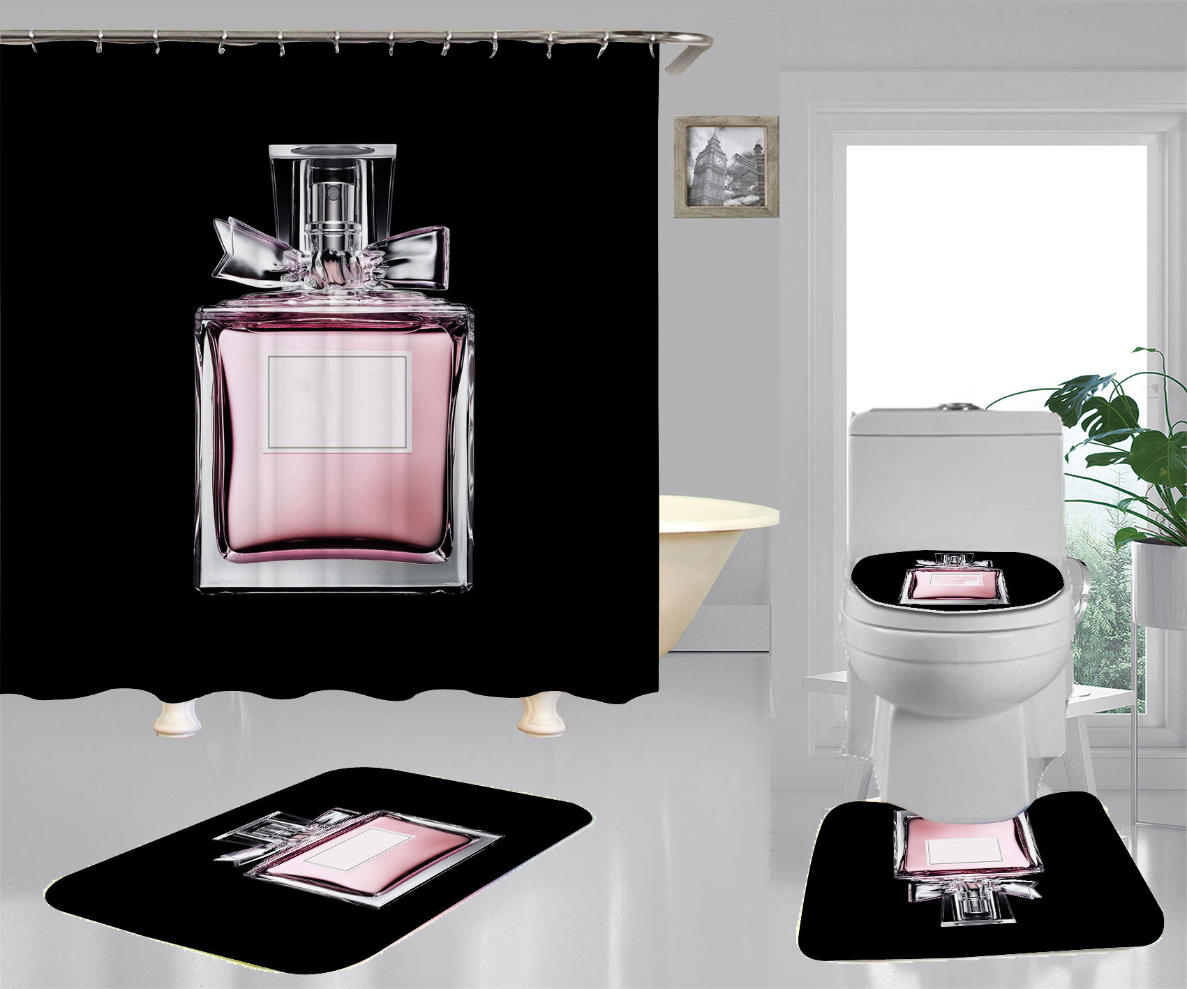 

Trendy Digital Printing Shower Curtains Set Non Slip Toilet Mats Water Absorption Bathroom Mat