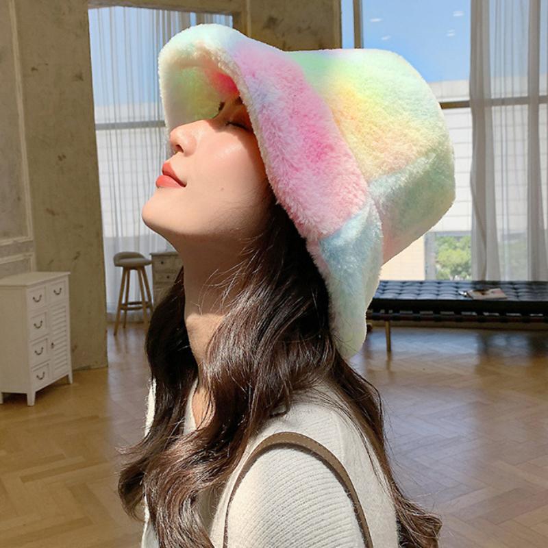 

HT3392 Autumn Winter Hat Women Colorful Soft Fleece Bucket Hat Flat Top Packable Fishing Cap New Fashion Ladies Bucket Cap, Multi
