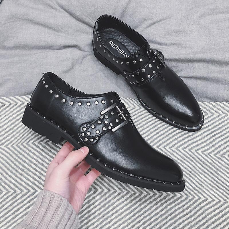 

New Spring Mens Formal Business Shoes Flat heel Leather Rivets Buckle Dress Hombre Sapatos, Black