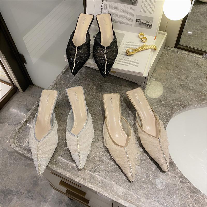 

Shoes Woman 2021 Thin Heels Shallow Low Slippers Casual Pointed Toe Pantofle Luxury Cover New Rubber PU Basic Fabric Canvas