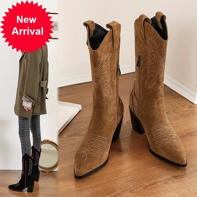 

2020 Cowboy Western Porto Pointed to Women's Mark in Relief Suede Leather Mid-calf's Shoes Thick Boots Urtz, Black