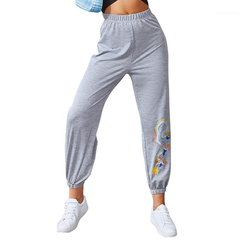 

Sport Women Trousers Dragon Pattern Elastic High Waist Beam Feet Sweatpants Exercise Fitness Female Pants1, Black