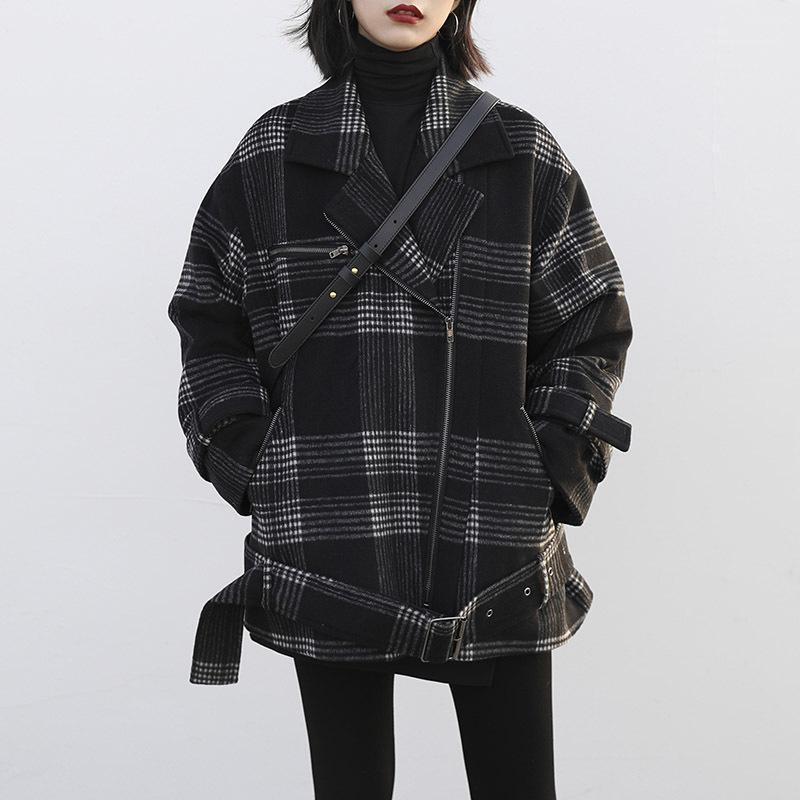 

Retro Overalls Plaid quilted Woolen Coat Women 2020 Winter Fashion New Loose Lapel Long Sleeve Zipper Woolen Coat Tide H004931, Black