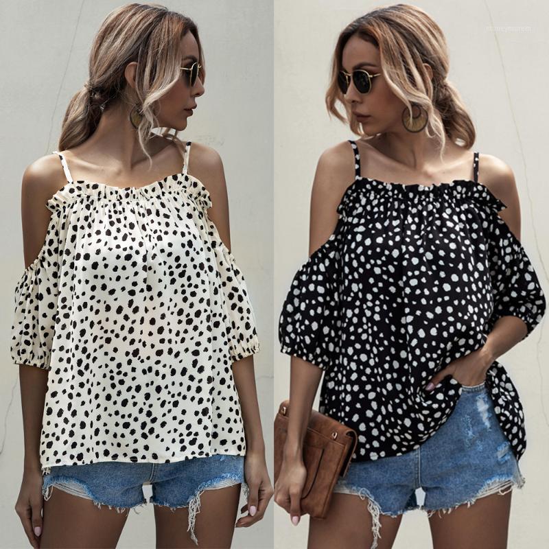 

Ruffles Sexy Blouse shirt 2020 women Summer Sling off-the-Shoulder Ruffled Dot Polka Dot Shirt women tops Office Lady1, White