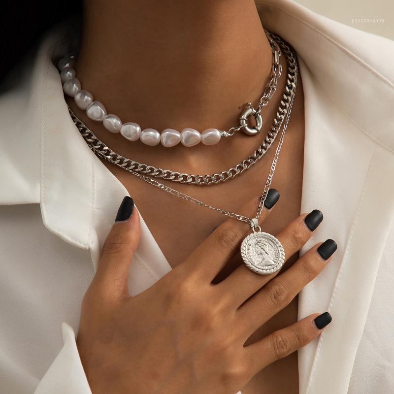 

Chains Gothic Baroque Irregular Pearl Coin Pendant Chain Necklace 2022 Multilayer Geometric Beaded Choker Necklaces Women Punk Jewelry, Silver