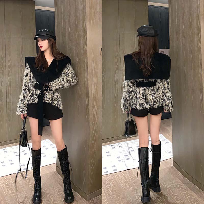 

Women's Woolen Coat Winter Korean Personality Design Feeling Navy Collar Long Sleeve Fur Hair Belt Female Woolen Coat, Black