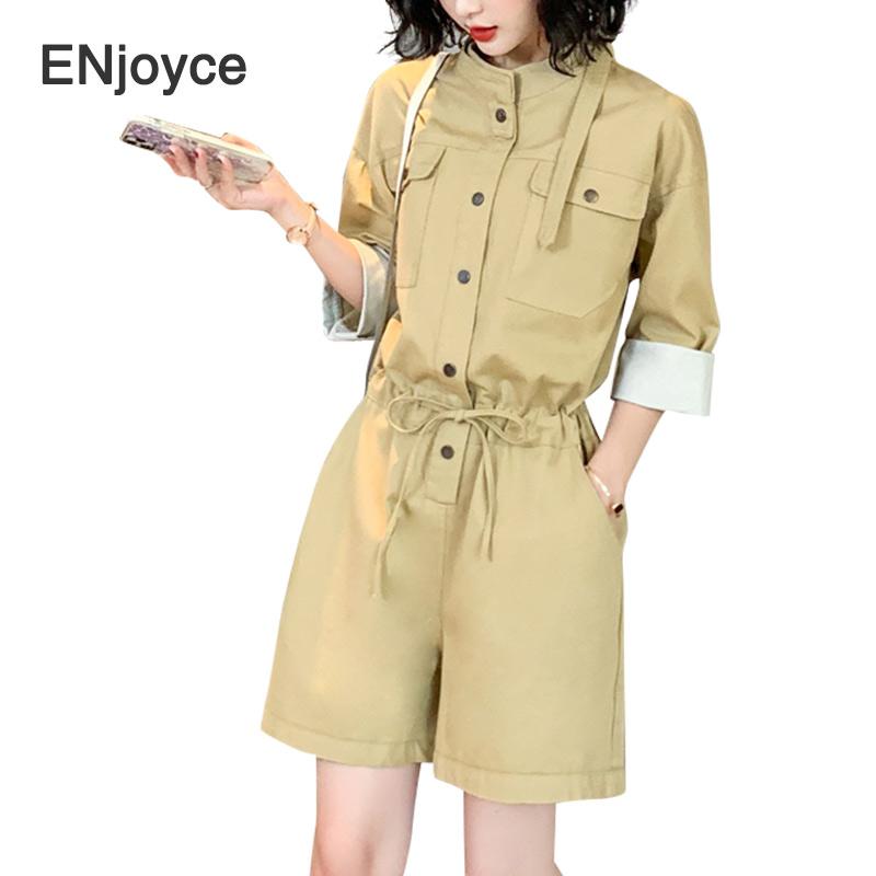 

Korean Style Lace Up Waist Cotton Women Jumpsuit Personality Fashion 2020 Summer High Street Cargo Pockets Shorts Jump Suits, Khaki