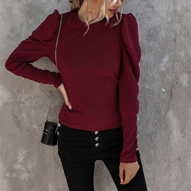 

Autumn Winter Casual Slim Top And Blouse Women Solid O-Neck Long Puff Sleeve With Button Shirts Elegant Office Ladies Blouses, 002