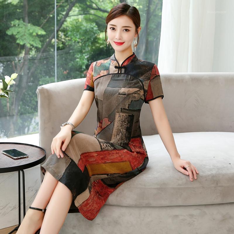 

2020 New Summer Vintage Dress Improved Cheongsam Summer Short Sleeve Geometric Print Retro Party Dress Elegant Lady Vestidos1, Red