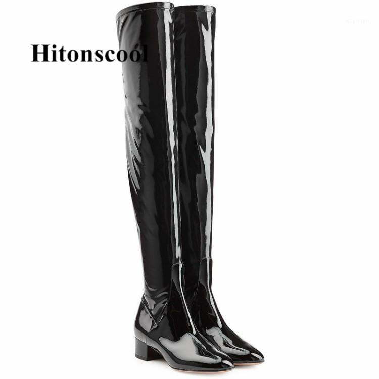 

New Chunky Heel Women Thigh High Flats Boots Round Toe Casual Luxury Patent Leather Runway Shoes Woman Over The Knee Trendy Boot1, Black