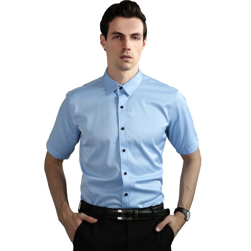 

Summer Dress Shirt Non-Iron Short Sleeve Elastic Solid Formal Pocketless Social Soft Fit Camisas Blue White Button Male Clothing, Black