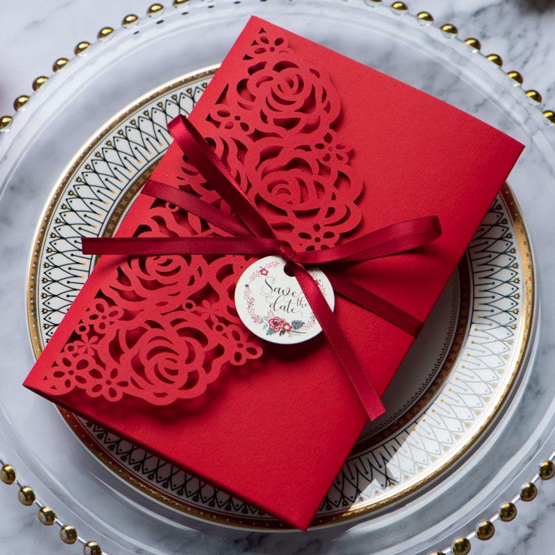 

New2021 Tri-folding Lacer Cutting Invitation Cards Wedding Party Invitation Card With RSVP Card Ribbon Bow 4 Colors Customized