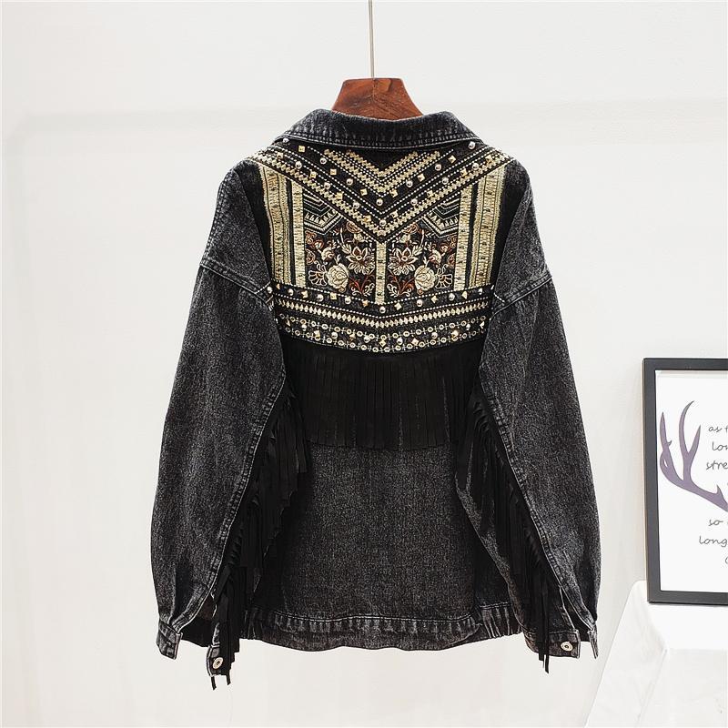 

Vintage Denim Women Jacket Spring Floral Embroidery Suede Fringe Loose Long Sleeve Streetwear Outerwear Female Boho Jacket Z129, Black