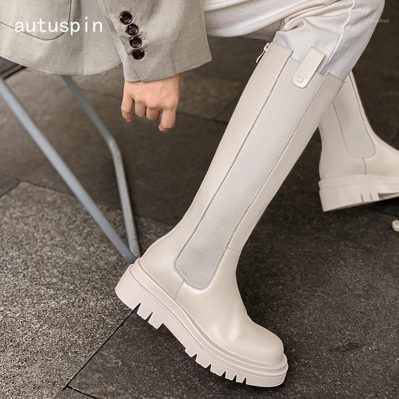 

Autuspin Women Knight Boots Fashion Genuine Cow Leather Round Toe Knee-high Platform Botas Winter Party Nightclub Shoes Woman1, Black