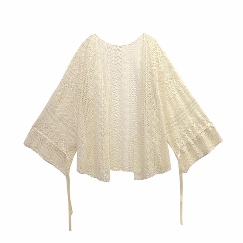 

Sweet Style Lace Women Shirts 2021 Summer New Solid Bandage Hollow Out Flare Sleeved Loose Female Outwear Coat Tops, Beige