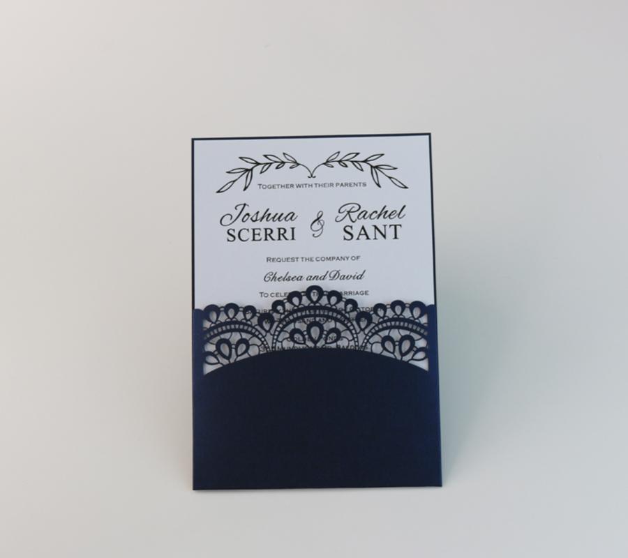 

50- Personalized laser cut Lace Pocket Wedding invitation cards with custom printing inserts ,envelopes