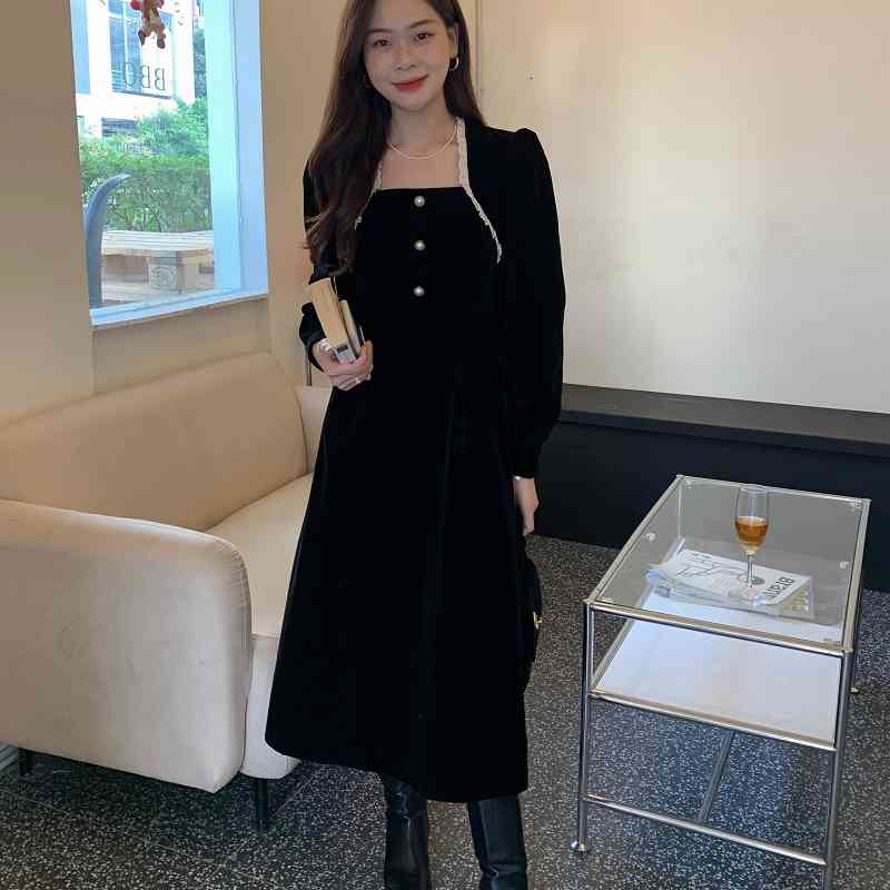 

Chic Sweet Long Dress Woman Spring Vintage Ins Square Collar Lace Crocheted Waist Puff Sleeve Velvet Dresses, Black;gray