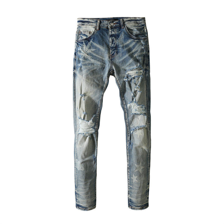 

Mens Wash Water Big Hole Ripped Jeans Straight Slim-cut Elastic Trousers Fashion Design Streetwear Distressed Pants Motorcycle Biker Jeans, Light blue