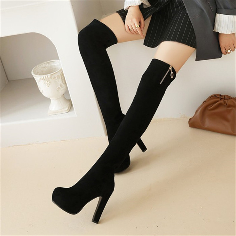 

PXELENA Fashion Slim Fit Women Stretch Thigh High Boots Flock Heels Party Dress Office Lady Autumn Winter Over The Knee Boots 43, Black autumn