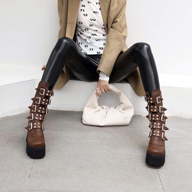 

Sexy Platform Motorcycle Boots Women High Heel Wedges Mid Calf Chunky Boots 2021 Winter Fashion Warm Female Botas New Style, Brown
