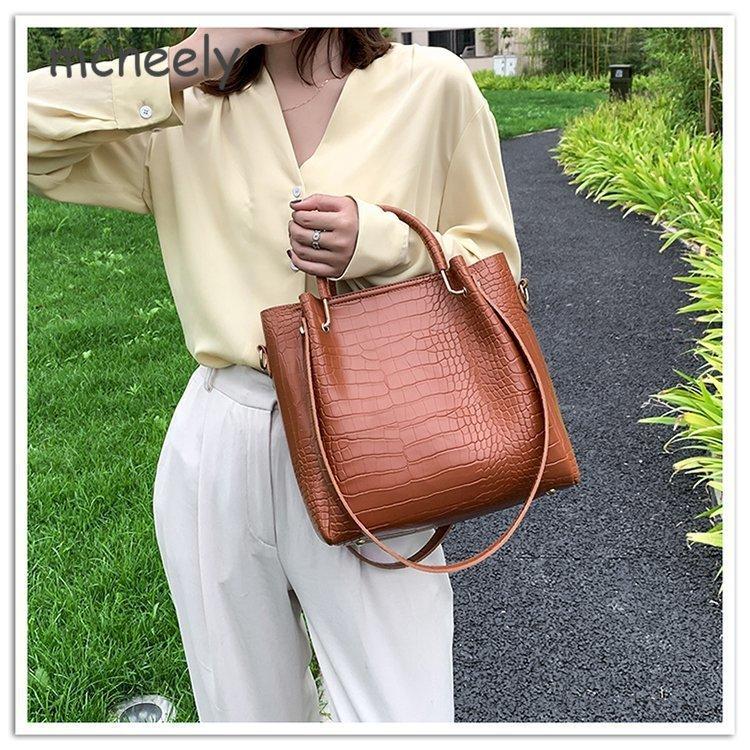 

New Fashion Women's Bag Crocodile Pattern Women's Handbag Solid Color Retro One Shoulder Crossbody Bag Bucket, As picture