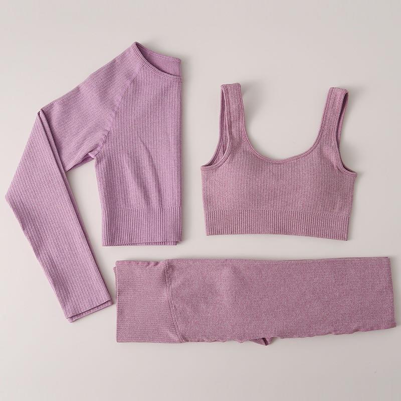 

3PCS Yoga Set Seamless Sports Bra+Long Sleeve Crop Top+Women Running Gym Leggings High Waist Fitness Sports Suit Workout Clothes, Pink set