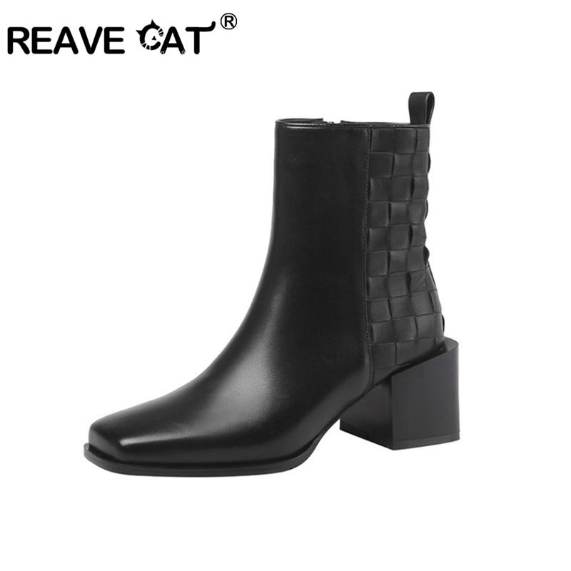 

REAVECAT Winter Mid-Calf boots Square toe Chunky heels Genuine Leather Slip-on Solid Checkered Big size 34-39 Daily Work A3118, Black pigskin