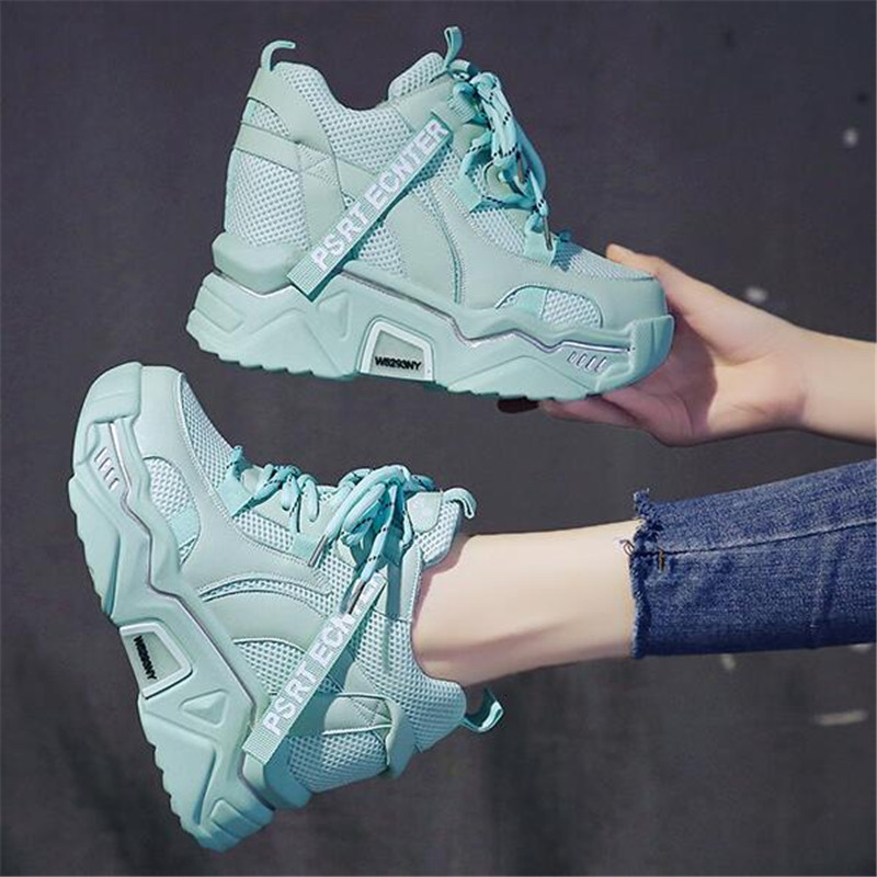 

2021 New Women Chunky Sneakers Breathable Mesh Lace Casual Old Female Fashion Internal Enhancement Shoes WNJT