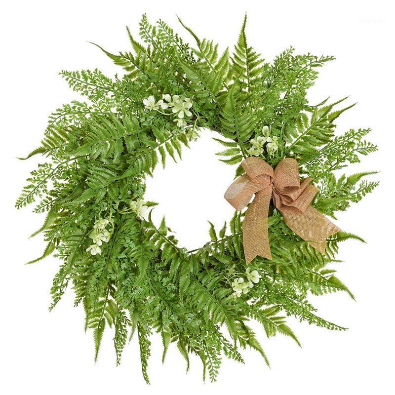 

19.6 inch Wreath for Front Door with Knotted Bow, Handcrafted Wicker Rattan Loop Frame - Faux Home Decorative Display - Rustic,1, Green