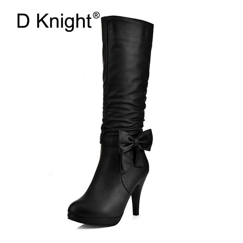 

Women Knee High Boots Fashion Bow High Heels Winter Boots For Women Ladies Casual Tall Size 34-43 Ridding, Black
