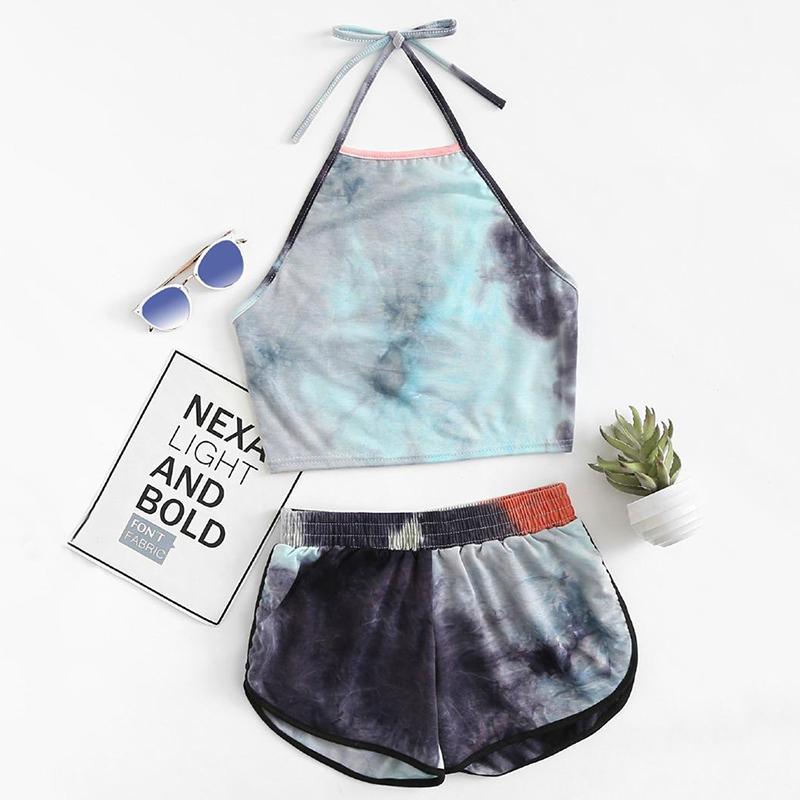 

Fashion Print Tie-dye Homewear Set Halter Bandage Sleeveless Backless Crop Top Elastic Waist Shorts Casual Tank Shorts Set