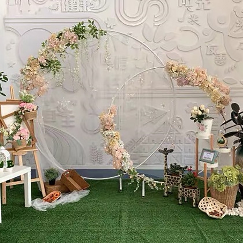 

Wedding Props Birthday Party Decor Wrought Iron Circle Round Ring Arch Backdrop Arch Lawn Artificial Flower Row Stand Wall Shelf T200827