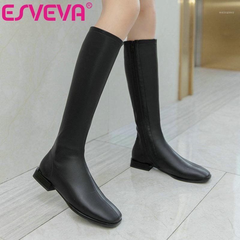 

ESVEVA 2021 Elegant Zipper Round Toe Square Low Heel PU Leather Knee High Boots Women Boots Shoes Size 34-431, Black