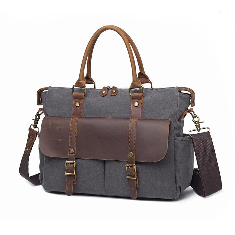 

Durable Men Washed Canvas Business Bag Crazy Horse Leather Handle Briefcase Handbag Tote Working Bag Fits for 14 inches Laptop1, Gray