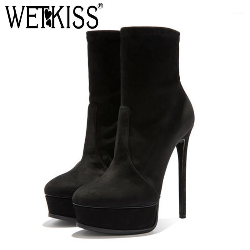 

WETKISS Flock Round Toe Platform Footwear Ankle Women Boots Stiletto Stretch Booties Thin High Heels Big Size Female Shoes1, Black