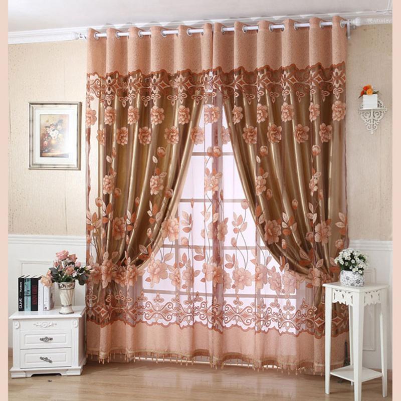 

Elegant Luxury High-end Floral Pattern Window Curtains with Beads Door Voile Curtain Window Drape Divider 2Pcs 100*250cm1, Light purple