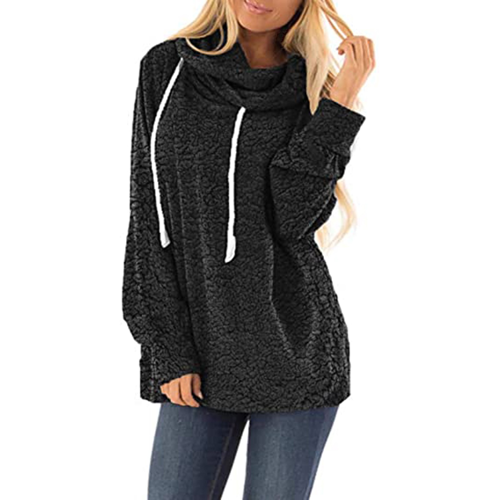 

Loose Drawstring Pullover Winter Womens Casual Fuzzy Fleece Hooded Sweatshirt Tops, Black