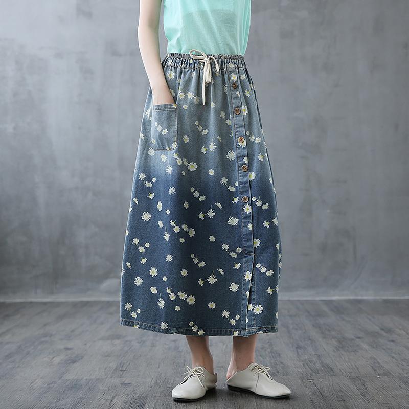 

New summer Small daisies denim skirt women's floral skirt elastic waist pocket casual skirts, Blue