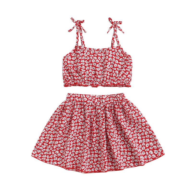 

Clothing Sets 2022 2-7Y Kids Infant Girl Set Red Floral Full Print Sleeveless Square Collar Crop Top Vest+A-line Skirt Summer 2pcs, White